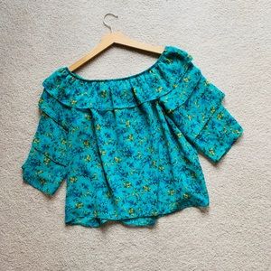 Papaya Green Floral Ruffle Off-The-Shoulder Blouse